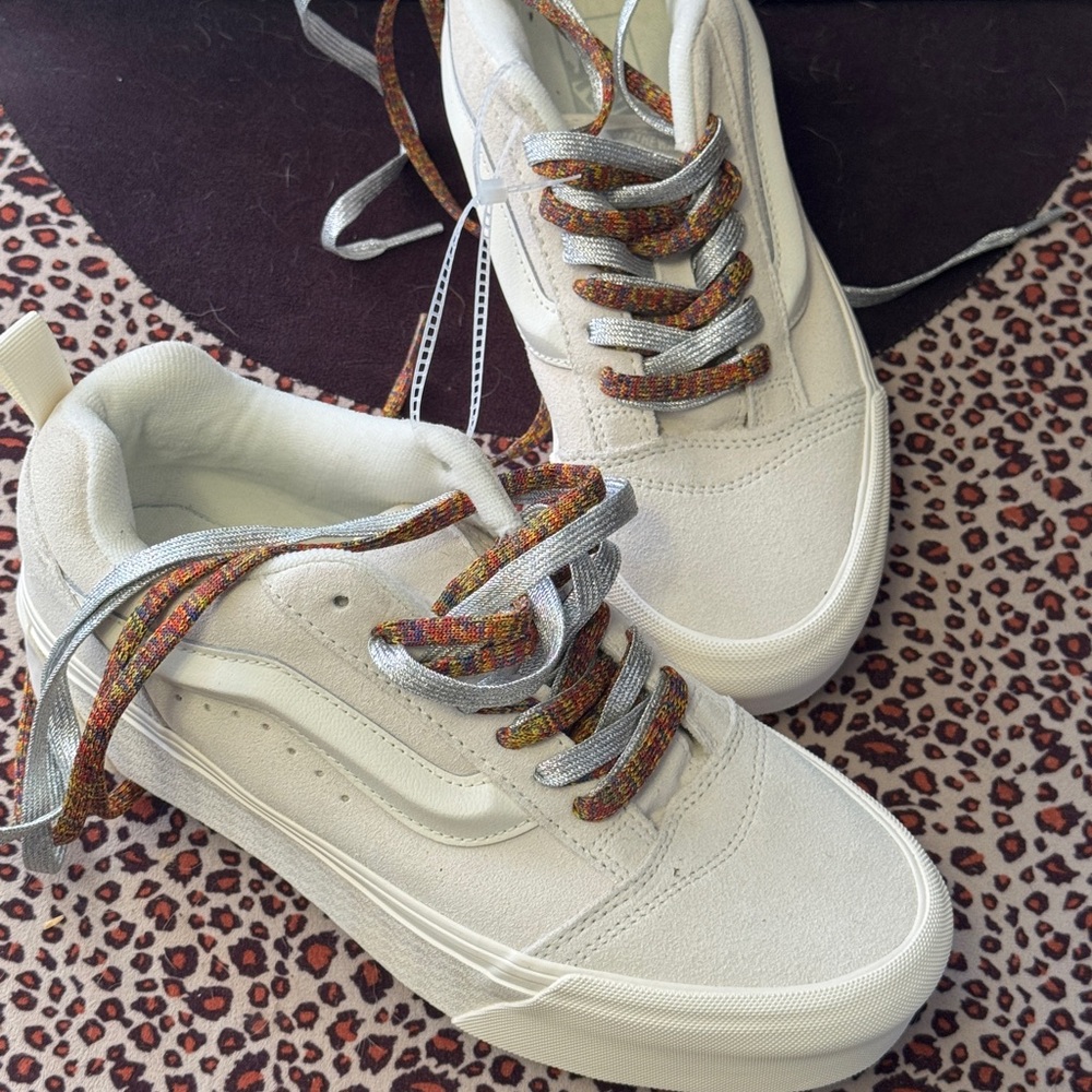 Van Platform White Sneakers with Multicolor Laces